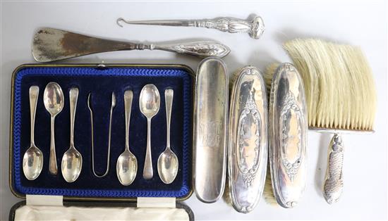 Silver brushes etc. and a cased set of silver teaspoons.